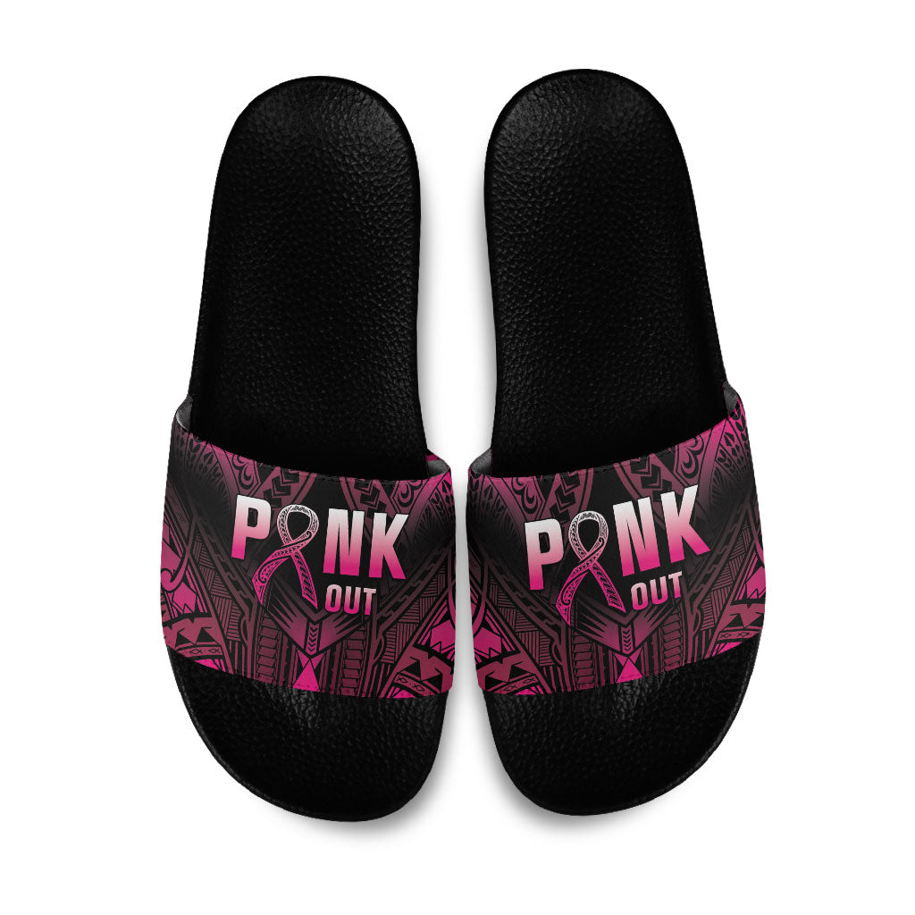 Breast Cancer Pink Out Slide Sandals Polynesian Art Tattoo Black Version