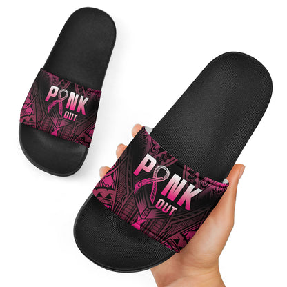 Breast Cancer Pink Out Slide Sandals Polynesian Art Tattoo Black Version