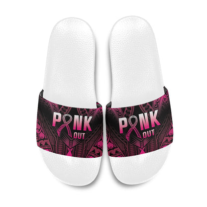 Breast Cancer Pink Out Slide Sandals Polynesian Art Tattoo Black Version
