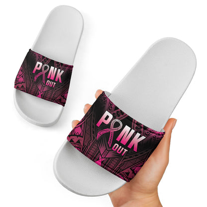 Breast Cancer Pink Out Slide Sandals Polynesian Art Tattoo Black Version