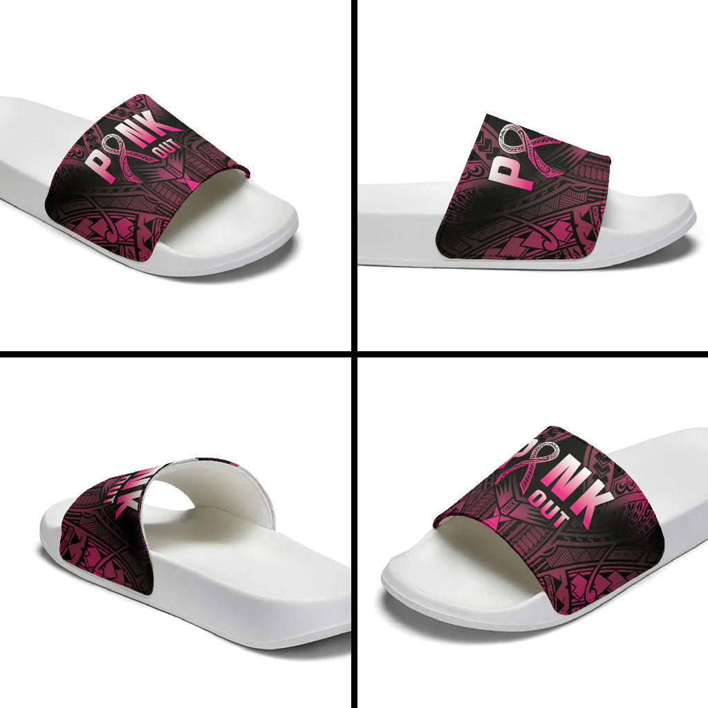Breast Cancer Pink Out Slide Sandals Polynesian Art Tattoo Black Version