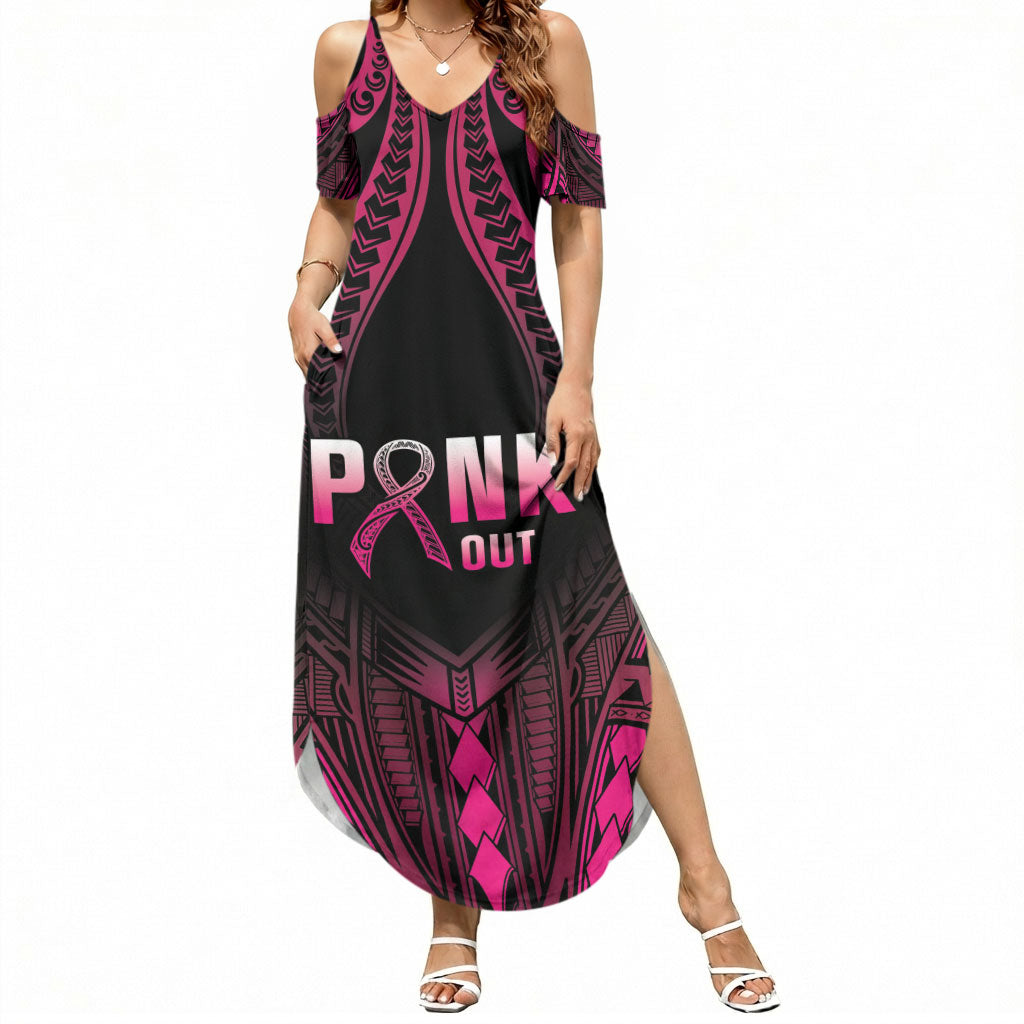 Breast Cancer Pink Out Summer Maxi Dress Polynesian Art Tattoo Black Version