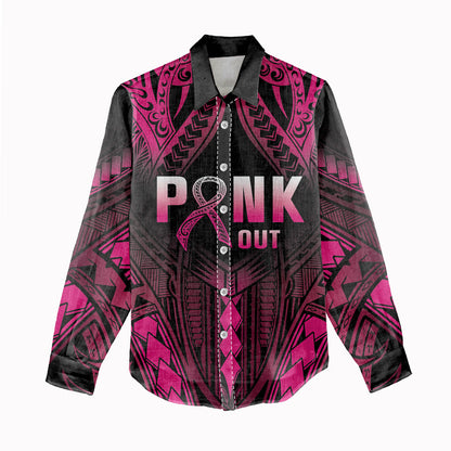 Breast Cancer Pink Out Women Casual Shirt Polynesian Art Tattoo Black Version