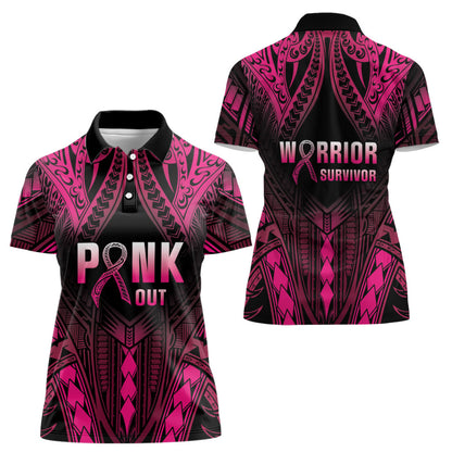 Breast Cancer Pink Out Women Polo Shirt Polynesian Art Tattoo Black Version