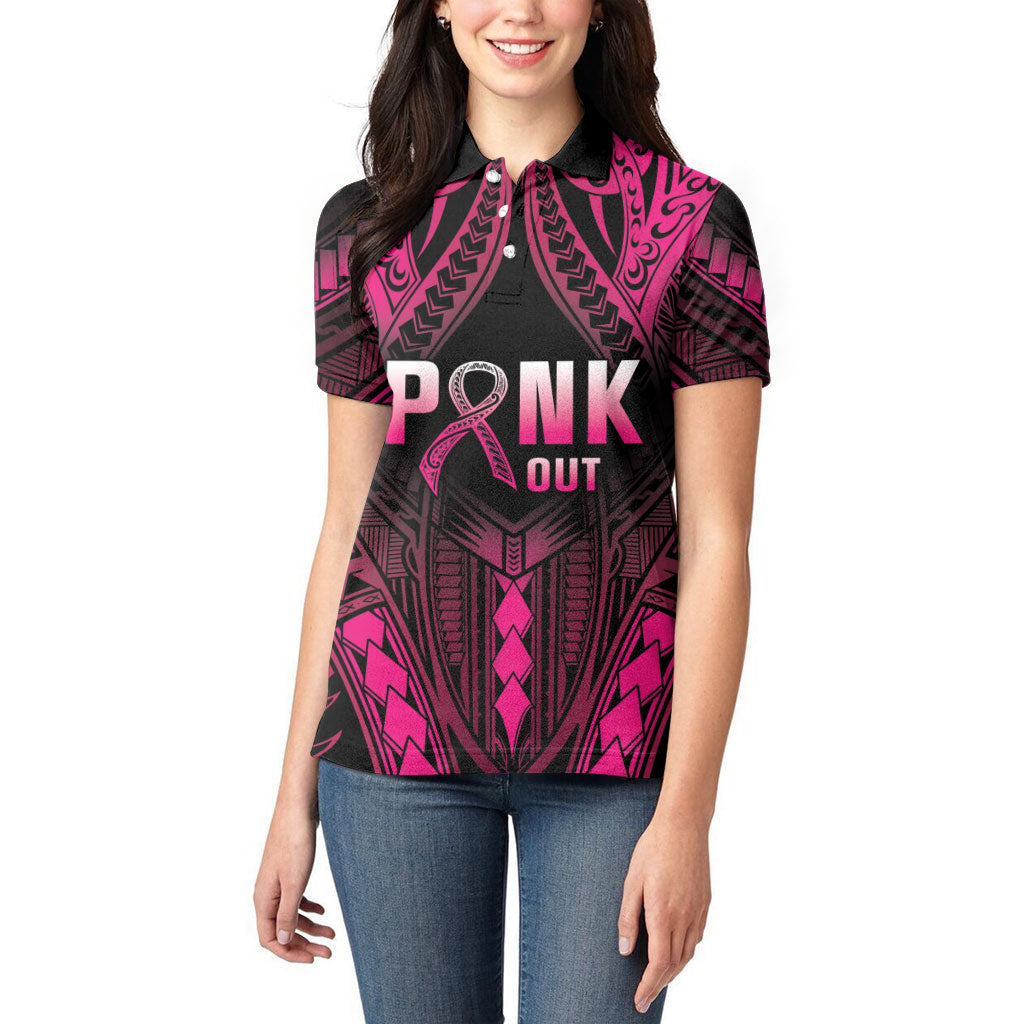Breast Cancer Pink Out Women Polo Shirt Polynesian Art Tattoo Black Version