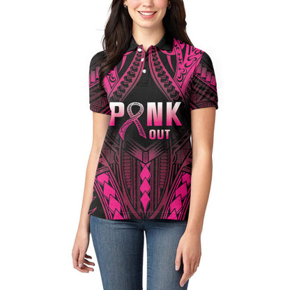 Breast Cancer Pink Out Women Polo Shirt Polynesian Art Tattoo Black Version