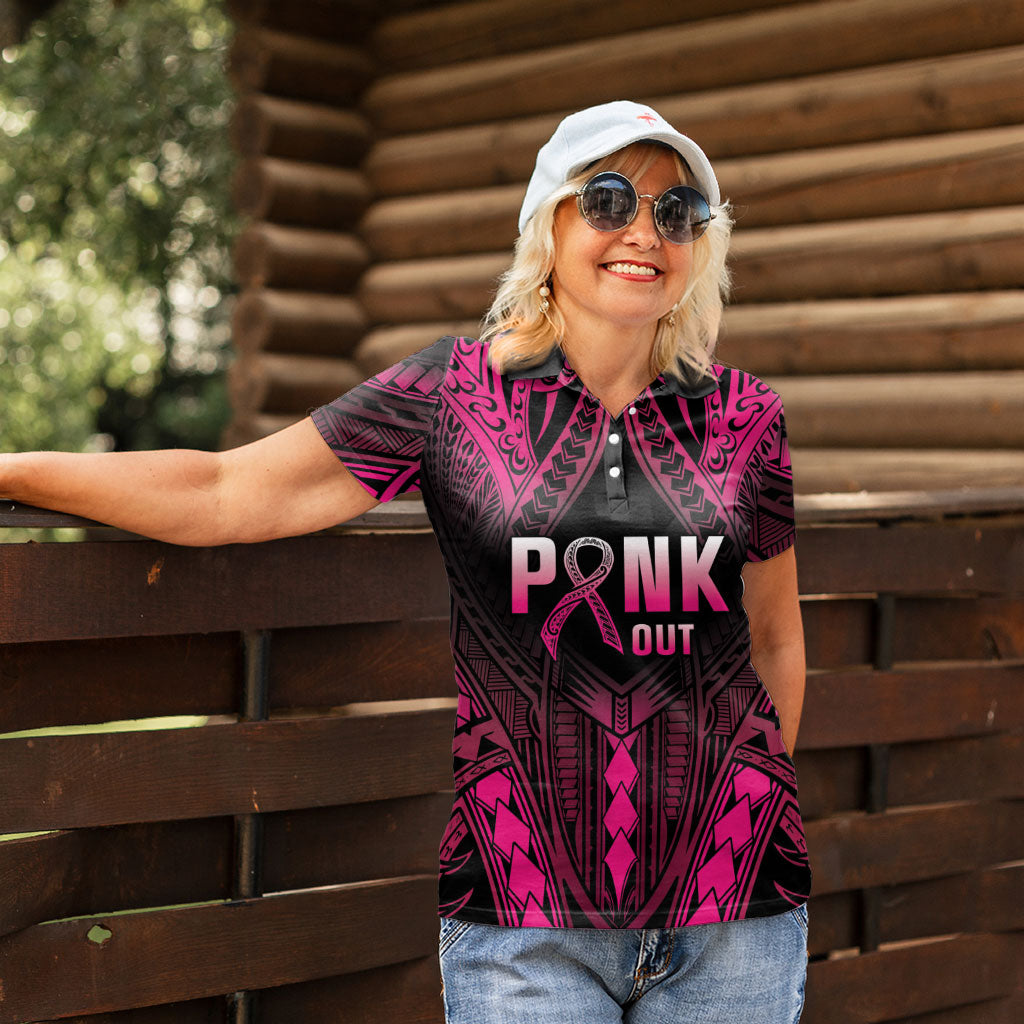Breast Cancer Pink Out Women Polo Shirt Polynesian Art Tattoo Black Version