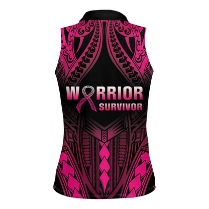 Breast Cancer Pink Out Women Sleeveless Polo Shirt Polynesian Art Tattoo Black Version