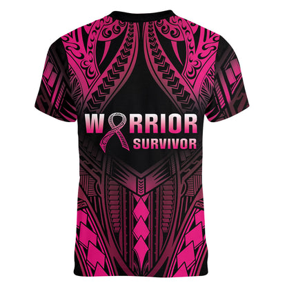 Breast Cancer Pink Out Women V-Neck T-Shirt Polynesian Art Tattoo Black Version
