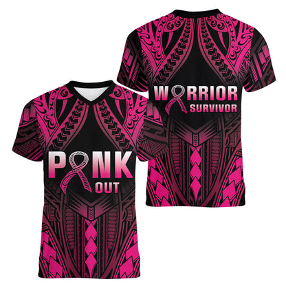 Breast Cancer Pink Out Women V-Neck T-Shirt Polynesian Art Tattoo Black Version