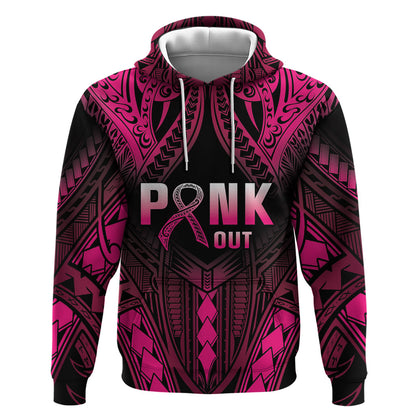 Breast Cancer Pink Out Zip Hoodie Polynesian Art Tattoo Black Version