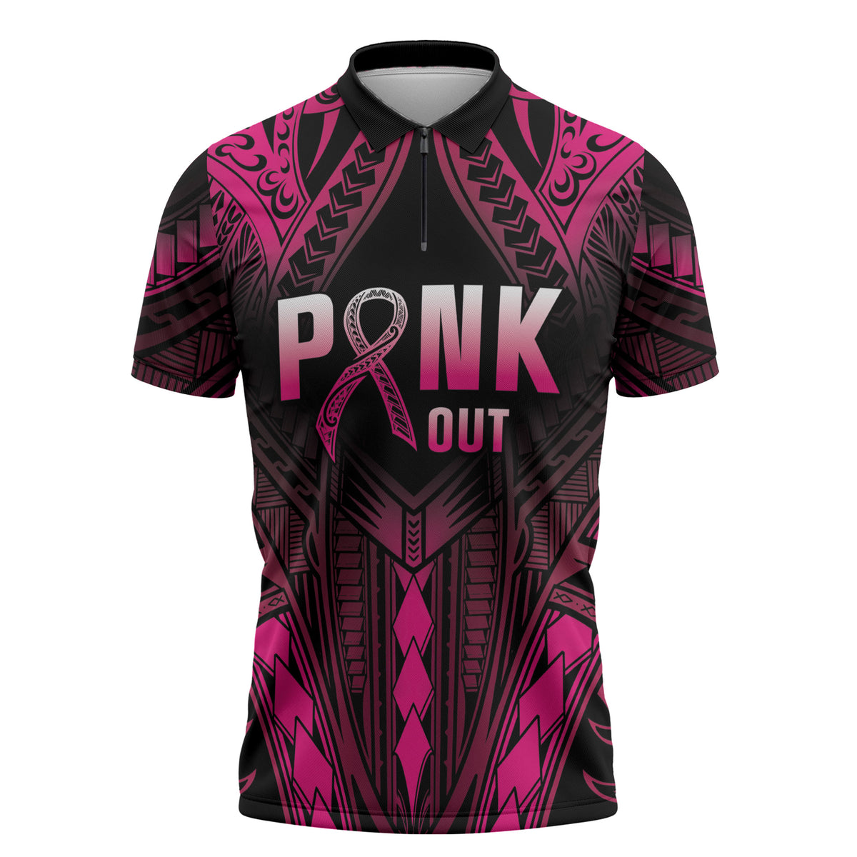 Breast Cancer Pink Out Zipper Polo Shirt Polynesian Art Tattoo Black Version