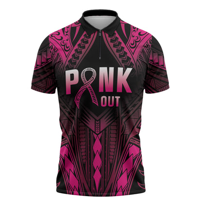 Breast Cancer Pink Out Zipper Polo Shirt Polynesian Art Tattoo Black Version