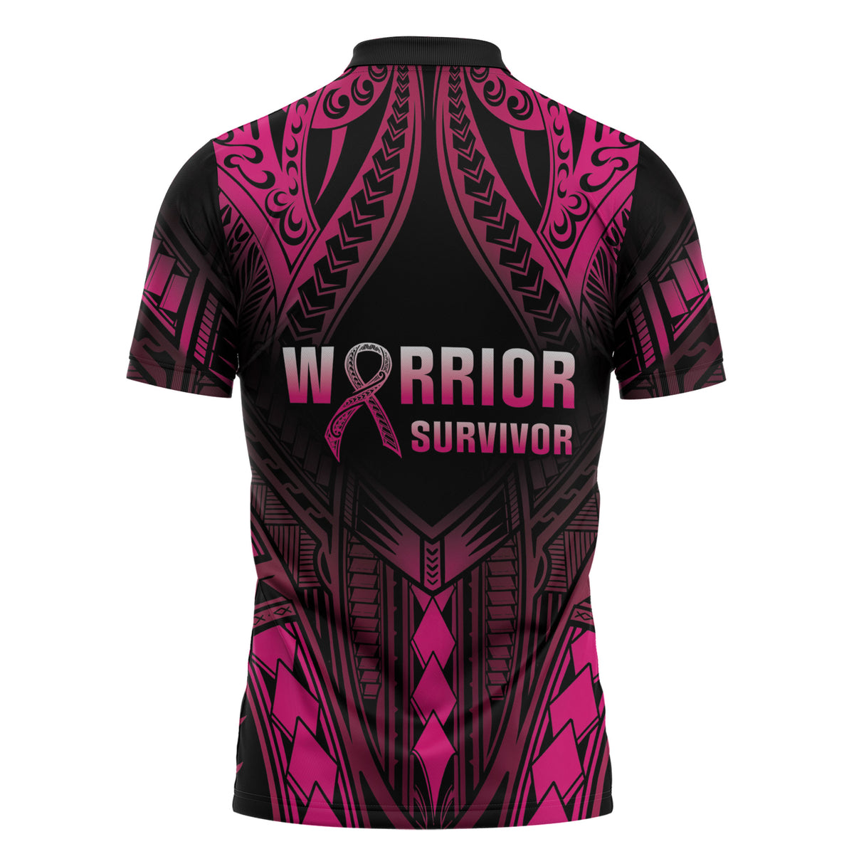 Breast Cancer Pink Out Zipper Polo Shirt Polynesian Art Tattoo Black Version