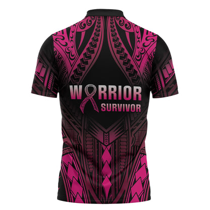 Breast Cancer Pink Out Zipper Polo Shirt Polynesian Art Tattoo Black Version