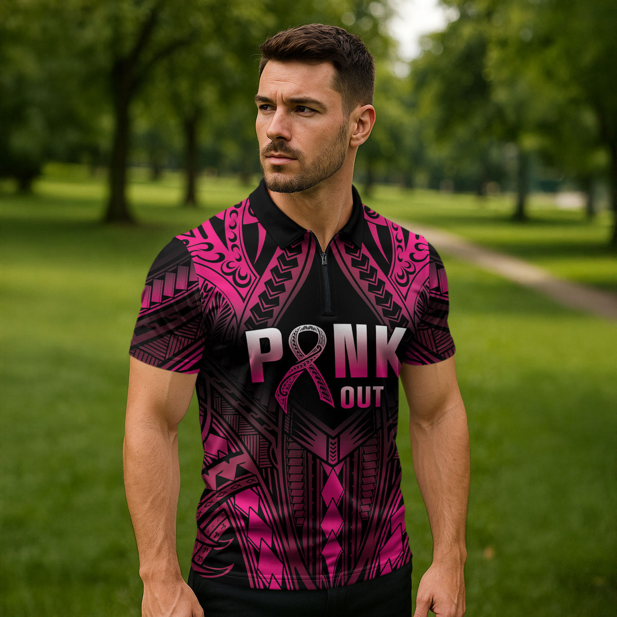Breast Cancer Pink Out Zipper Polo Shirt Polynesian Art Tattoo Black Version