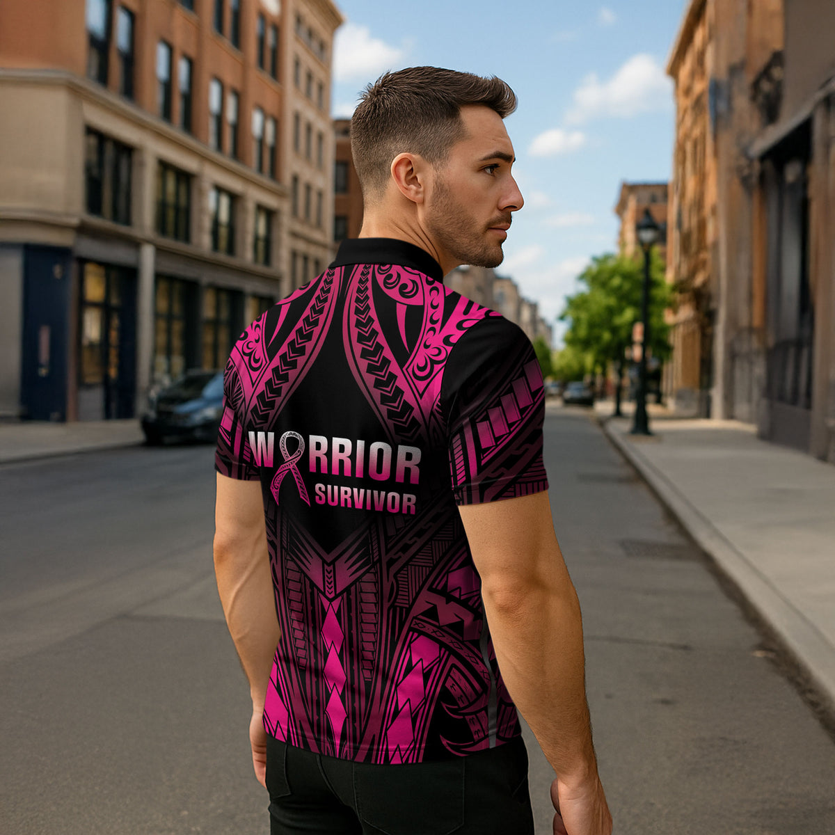 Breast Cancer Pink Out Zipper Polo Shirt Polynesian Art Tattoo Black Version