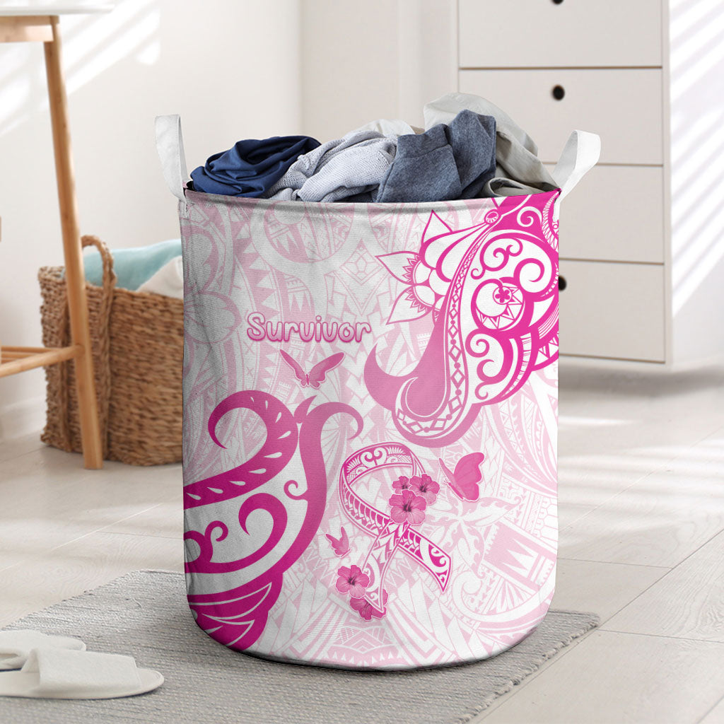 Breast Cancer Support Laundry Basket Ribbon Polynesian Pattern White Version