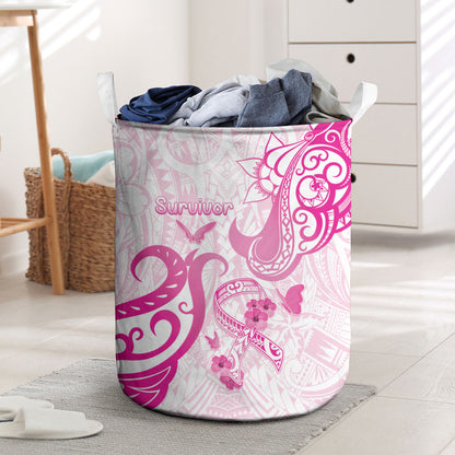 Breast Cancer Support Laundry Basket Ribbon Polynesian Pattern White Version
