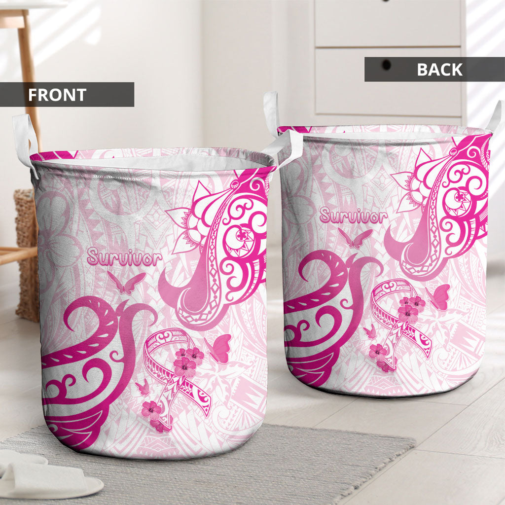 Breast Cancer Support Laundry Basket Ribbon Polynesian Pattern White Version