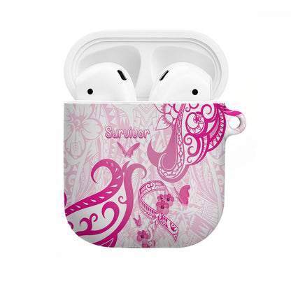 Breast Cancer Support AirPods Case Ribbon Polynesian Pattern White Version