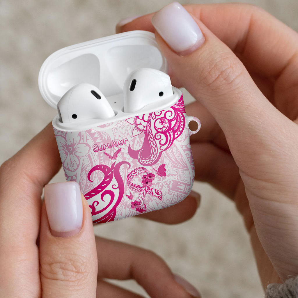 Breast Cancer Support AirPods Case Ribbon Polynesian Pattern White Version