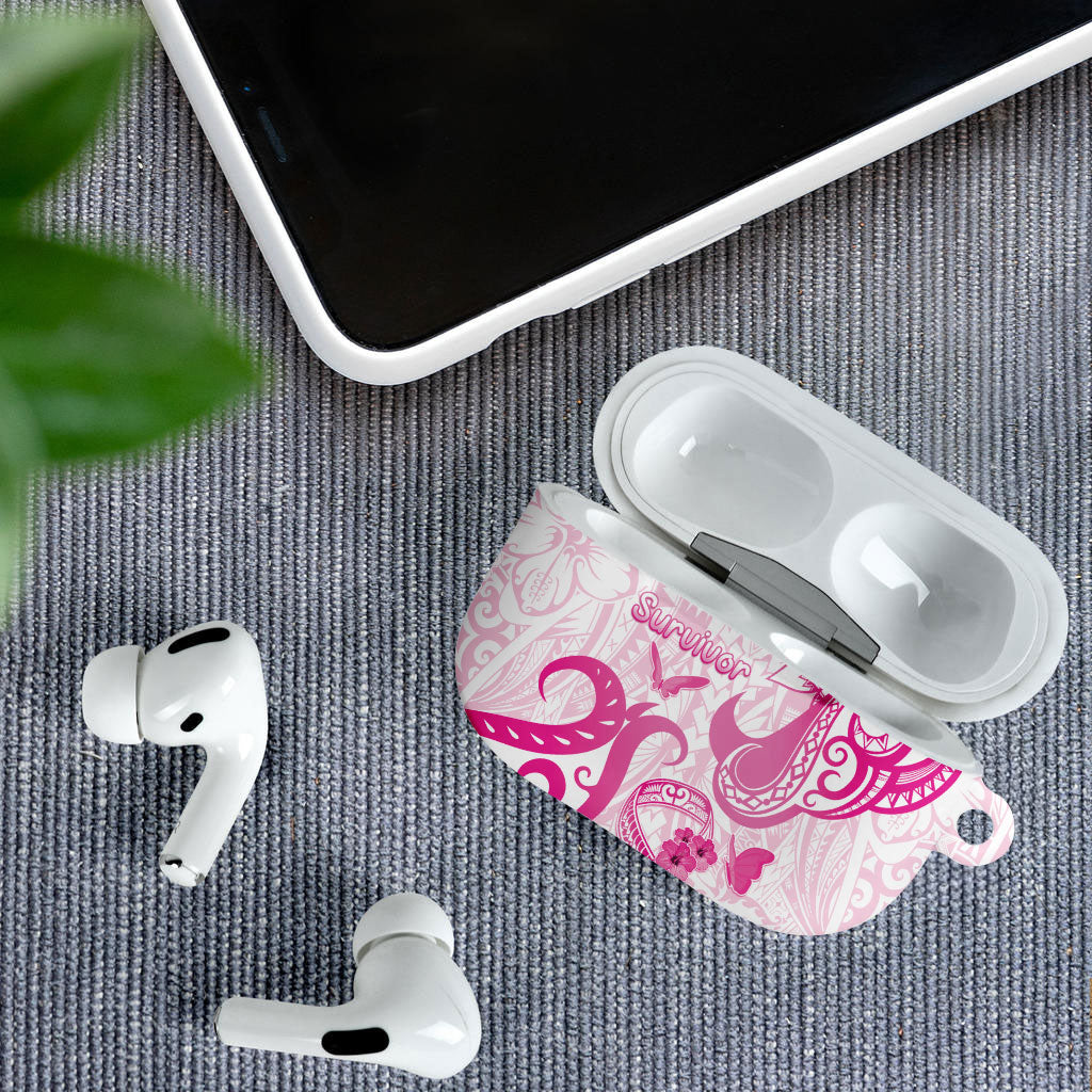 Breast Cancer Support AirPods Case Ribbon Polynesian Pattern White Version