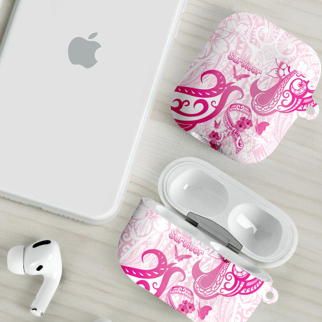 Breast Cancer Support AirPods Case Ribbon Polynesian Pattern White Version