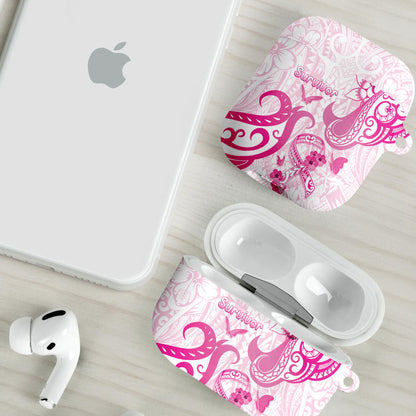 Breast Cancer Support AirPods Case Ribbon Polynesian Pattern White Version