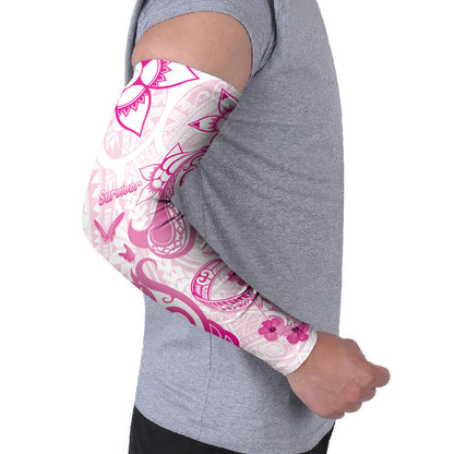 Personalised Breast Cancer Support Arm Sleeves Ribbon Polynesian Pattern White Version