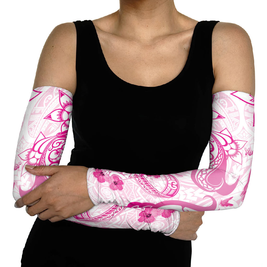 Personalised Breast Cancer Support Arm Sleeves Ribbon Polynesian Pattern White Version