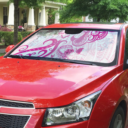 Breast Cancer Support Auto Sun Shade Ribbon Polynesian Pattern White Version