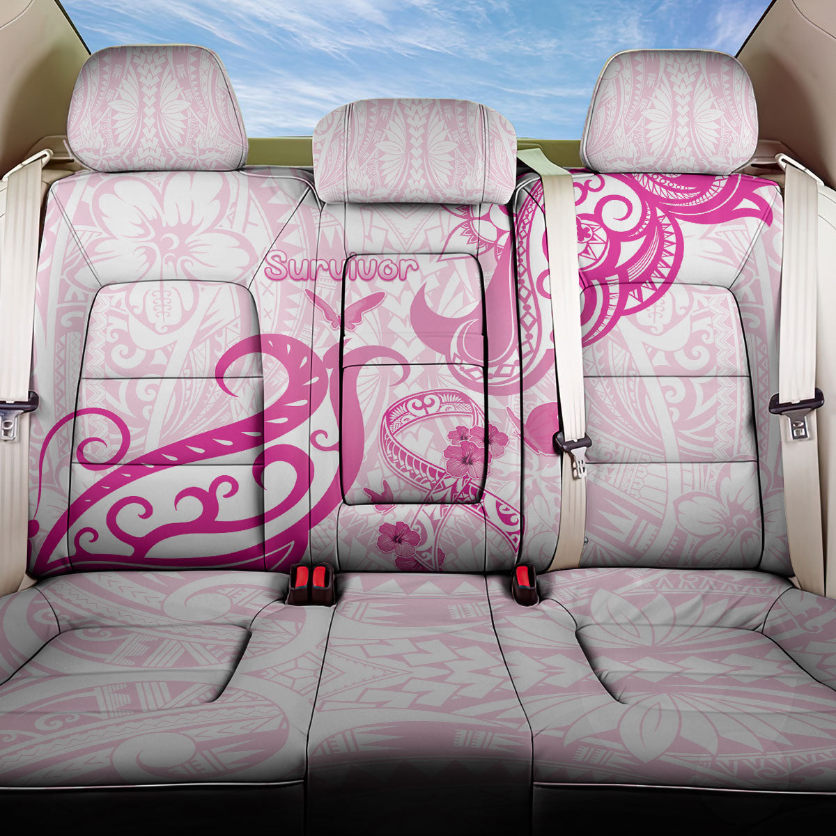 Breast Cancer Support Back Car Seat Cover Ribbon Polynesian Pattern White Version
