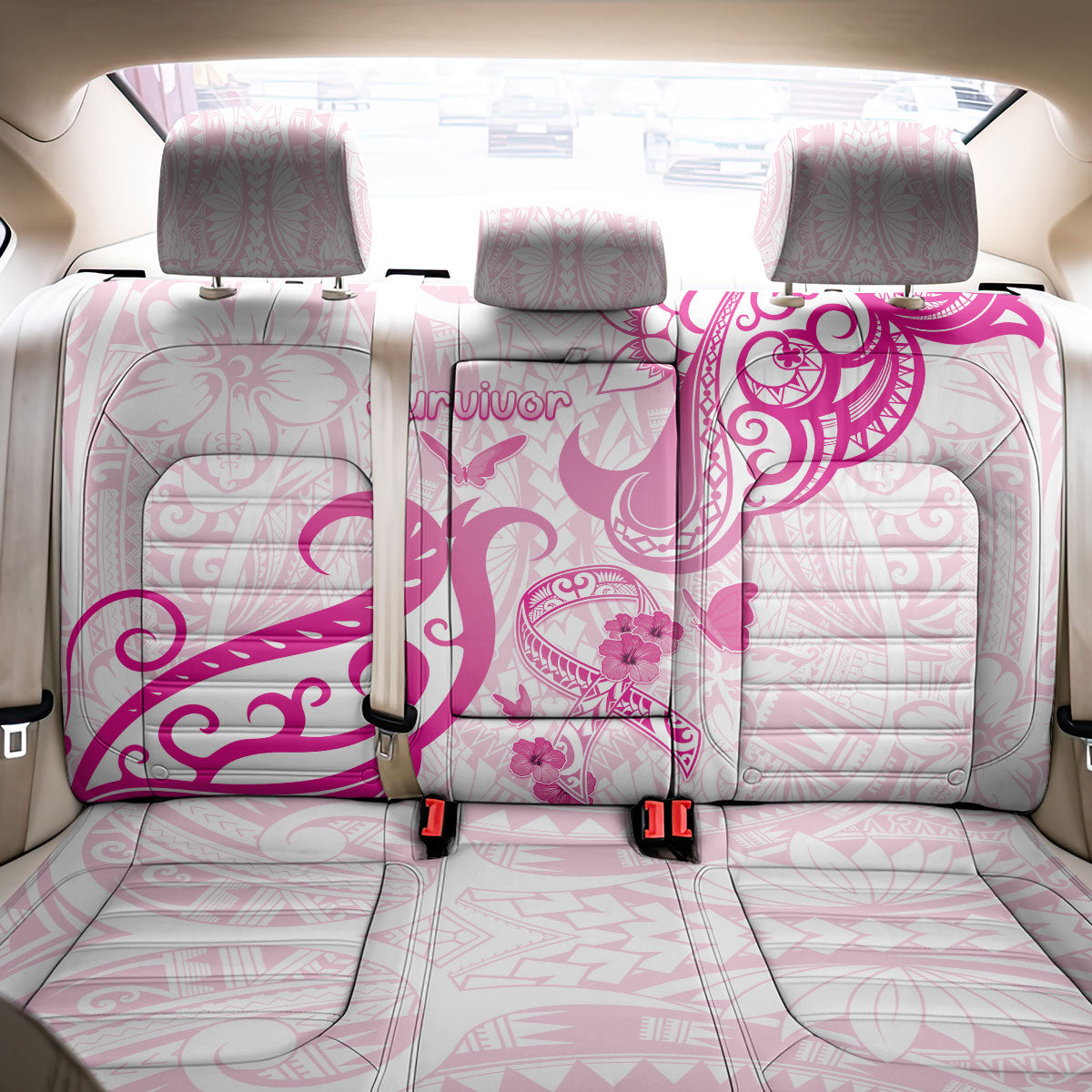 Breast Cancer Support Back Car Seat Cover Ribbon Polynesian Pattern White Version
