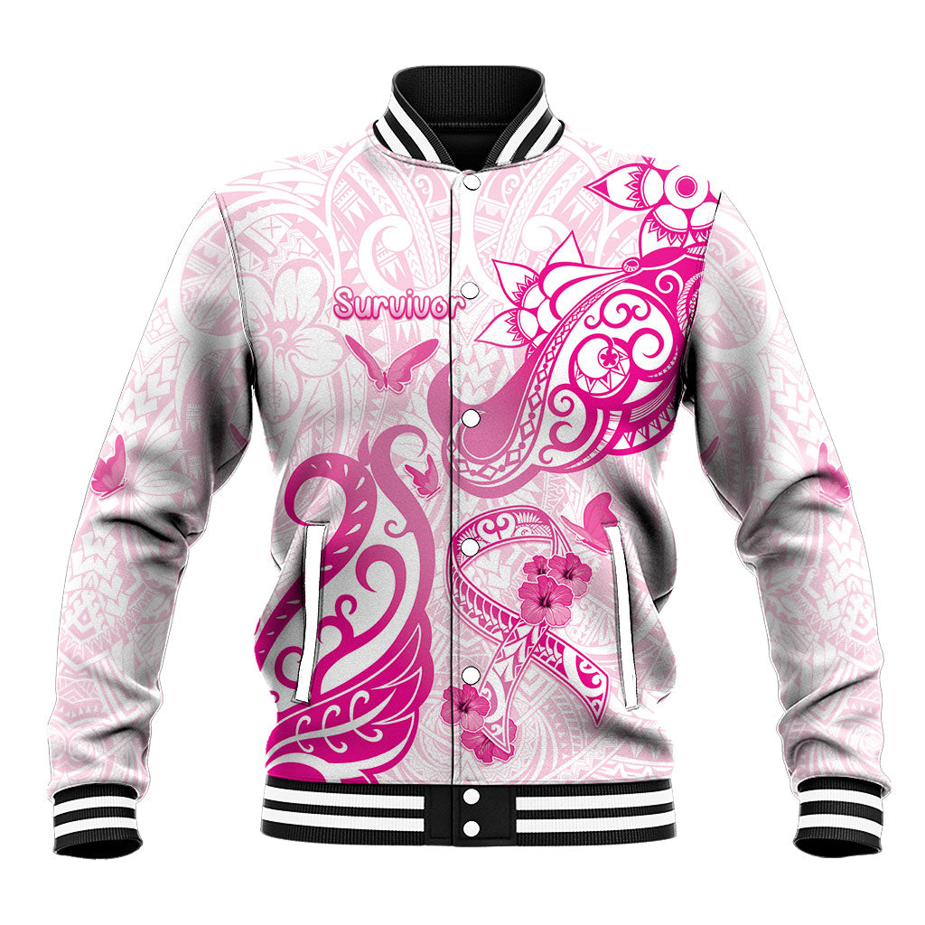 Personalised Breast Cancer Support Baseball Jacket Ribbon Polynesian Pattern White Version