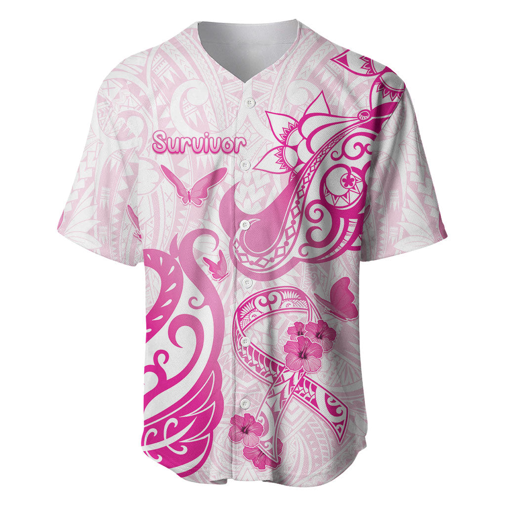 Personalised Breast Cancer Support Baseball Jersey Ribbon Polynesian Pattern White Version