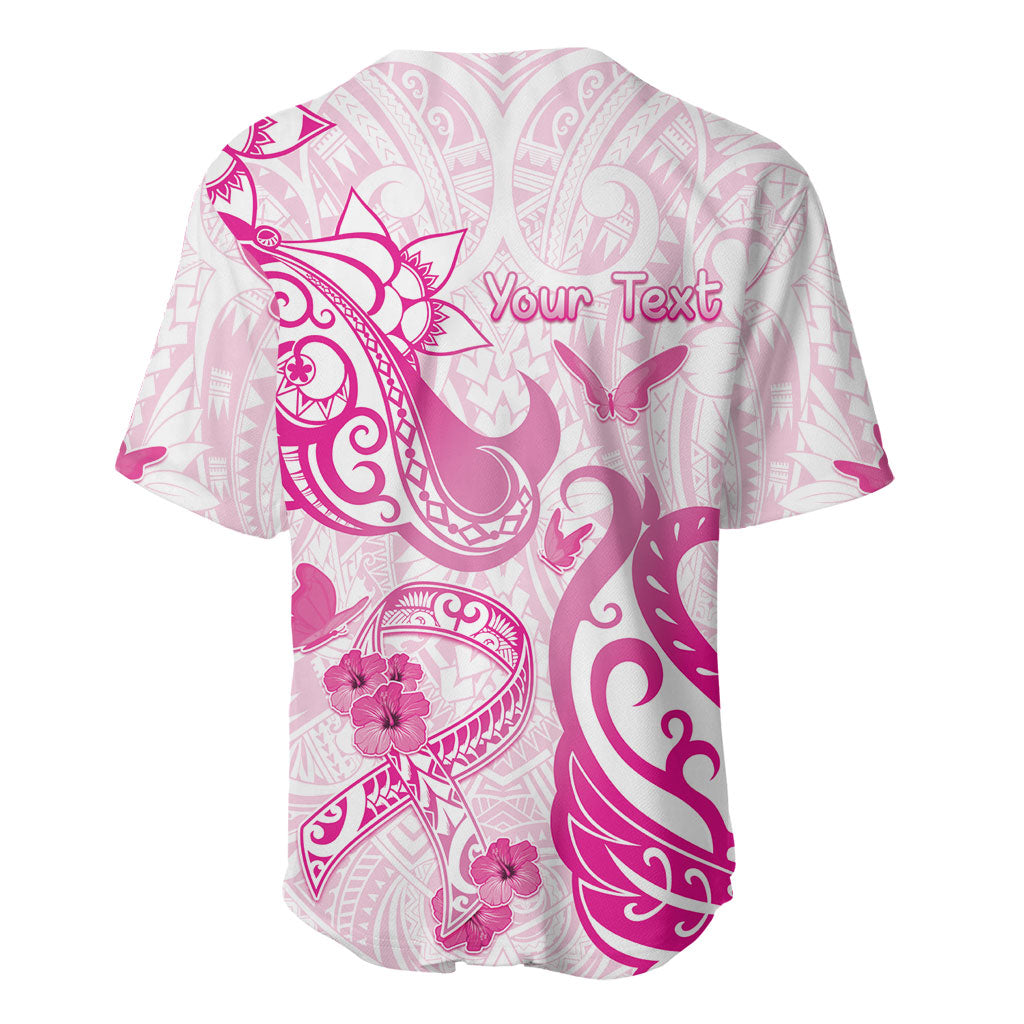Personalised Breast Cancer Support Baseball Jersey Ribbon Polynesian Pattern White Version