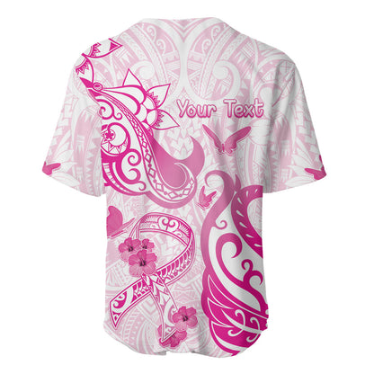 Personalised Breast Cancer Support Baseball Jersey Ribbon Polynesian Pattern White Version