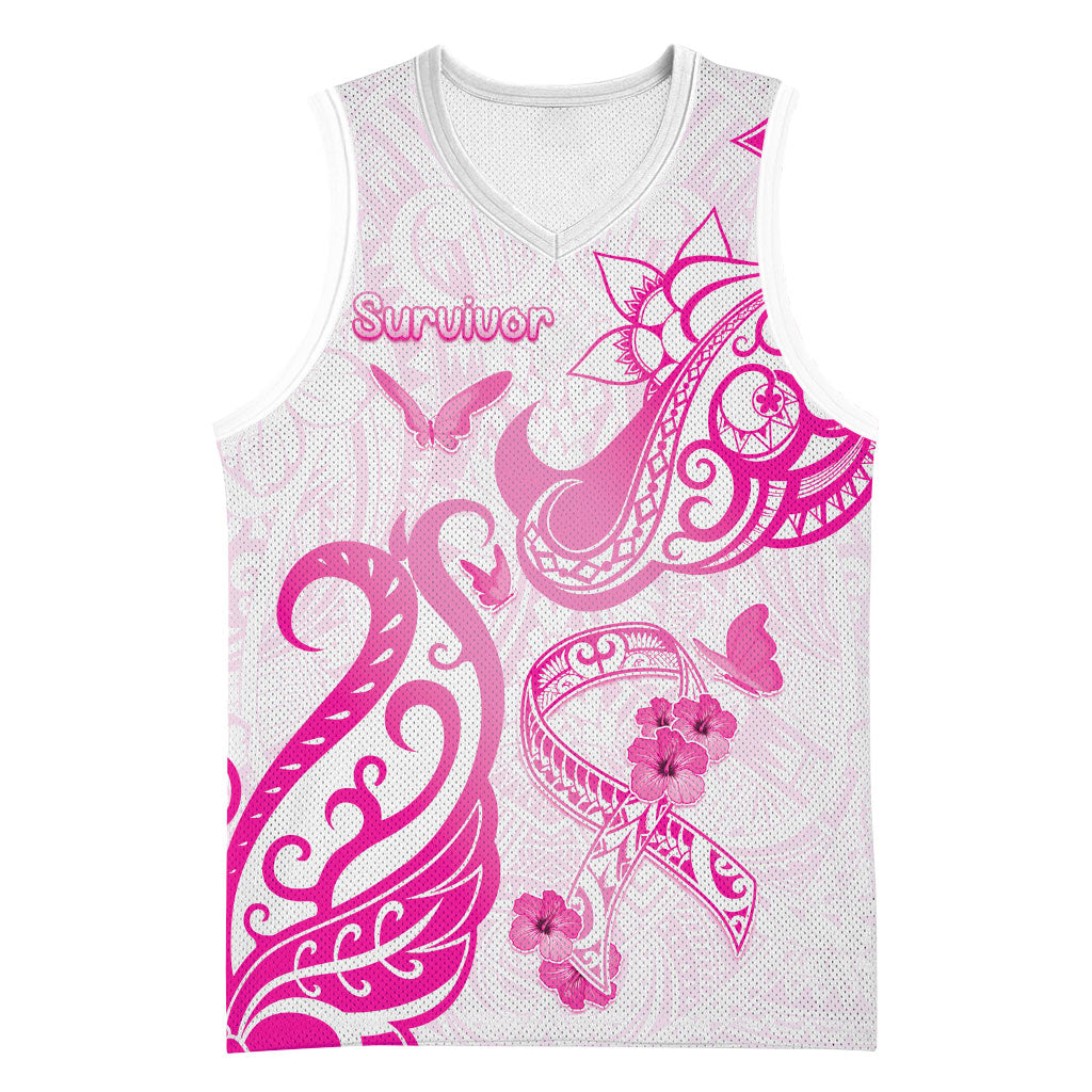 Personalised Breast Cancer Support Basketball Jersey Ribbon Polynesian Pattern White Version