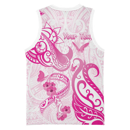 Personalised Breast Cancer Support Basketball Jersey Ribbon Polynesian Pattern White Version