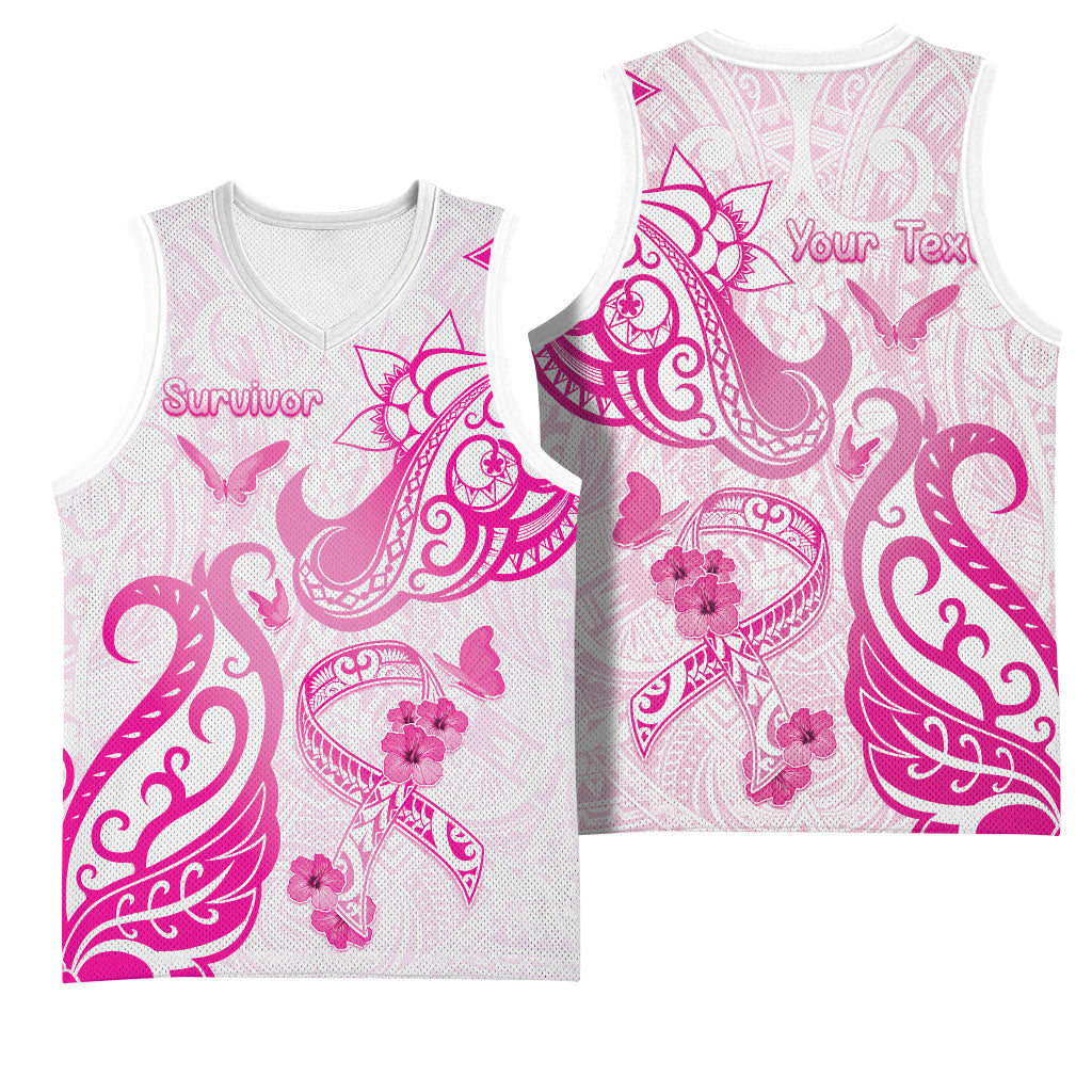 Personalised Breast Cancer Support Basketball Jersey Ribbon Polynesian Pattern White Version