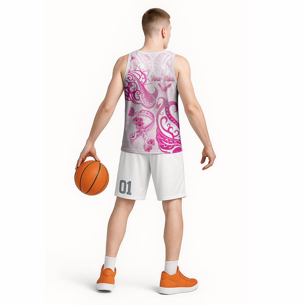 Personalised Breast Cancer Support Basketball Jersey Ribbon Polynesian Pattern White Version