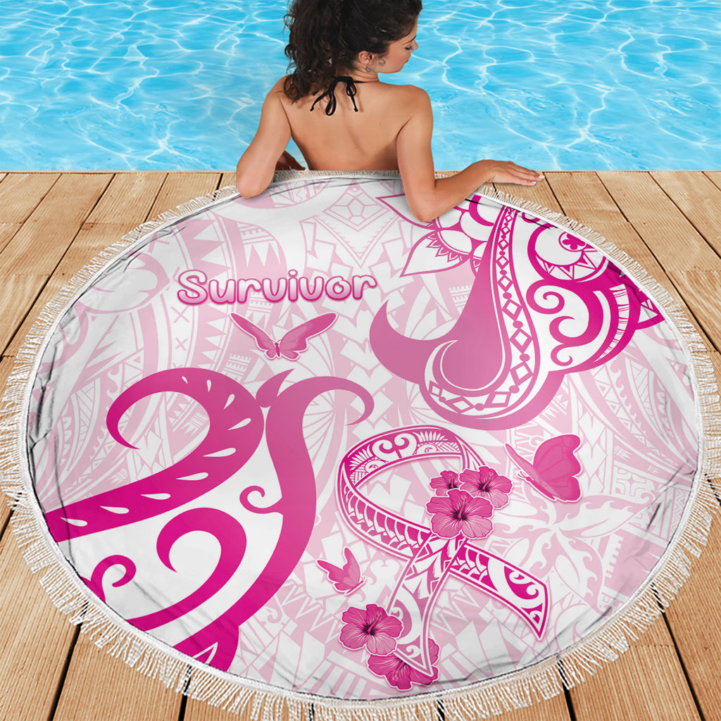 Breast Cancer Support Beach Blanket Ribbon Polynesian Pattern White Version
