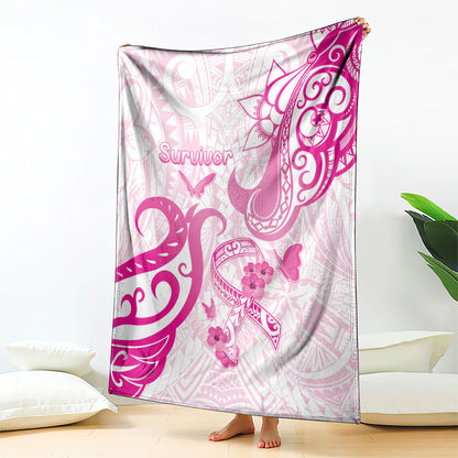 Breast Cancer Support Blanket Ribbon Polynesian Pattern White Version
