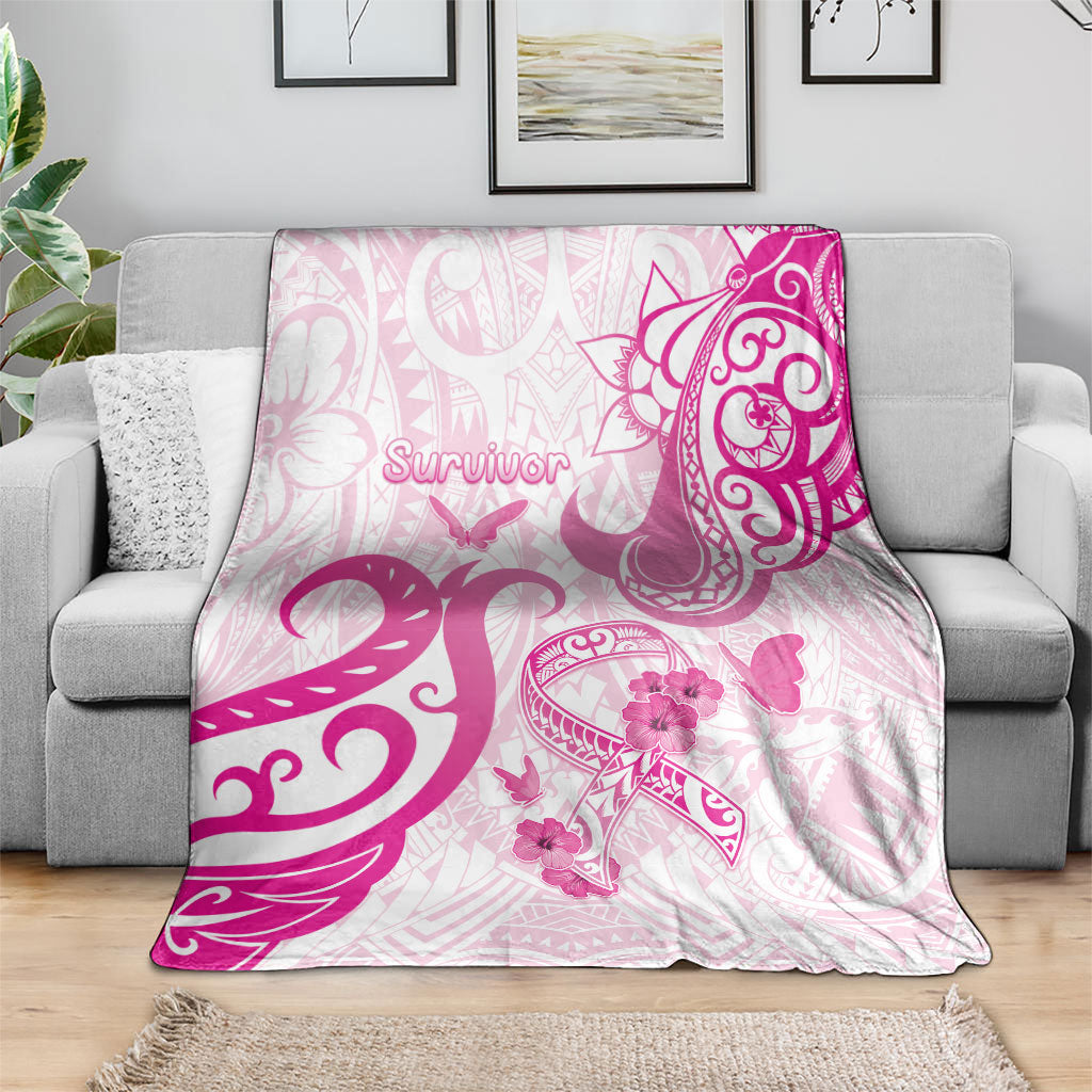 Breast Cancer Support Blanket Ribbon Polynesian Pattern White Version