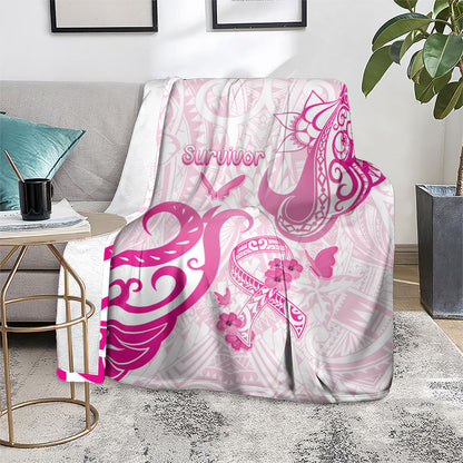 Breast Cancer Support Blanket Ribbon Polynesian Pattern White Version