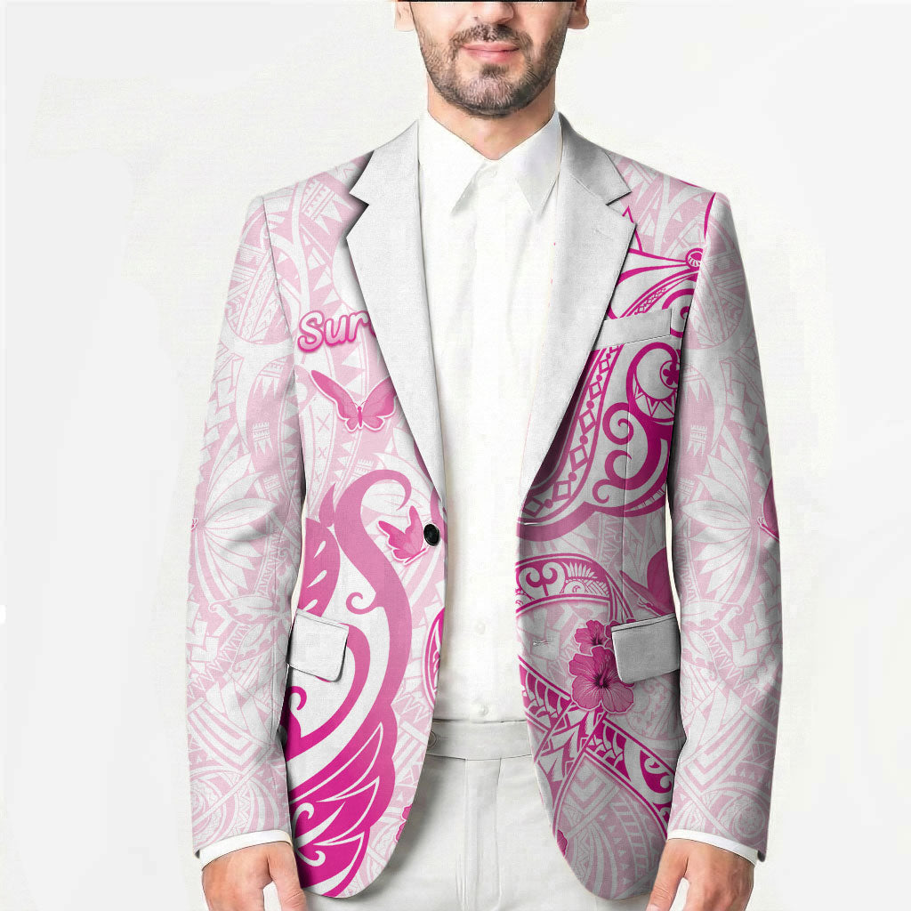 Personalised Breast Cancer Support Blazer Ribbon Polynesian Pattern White Version