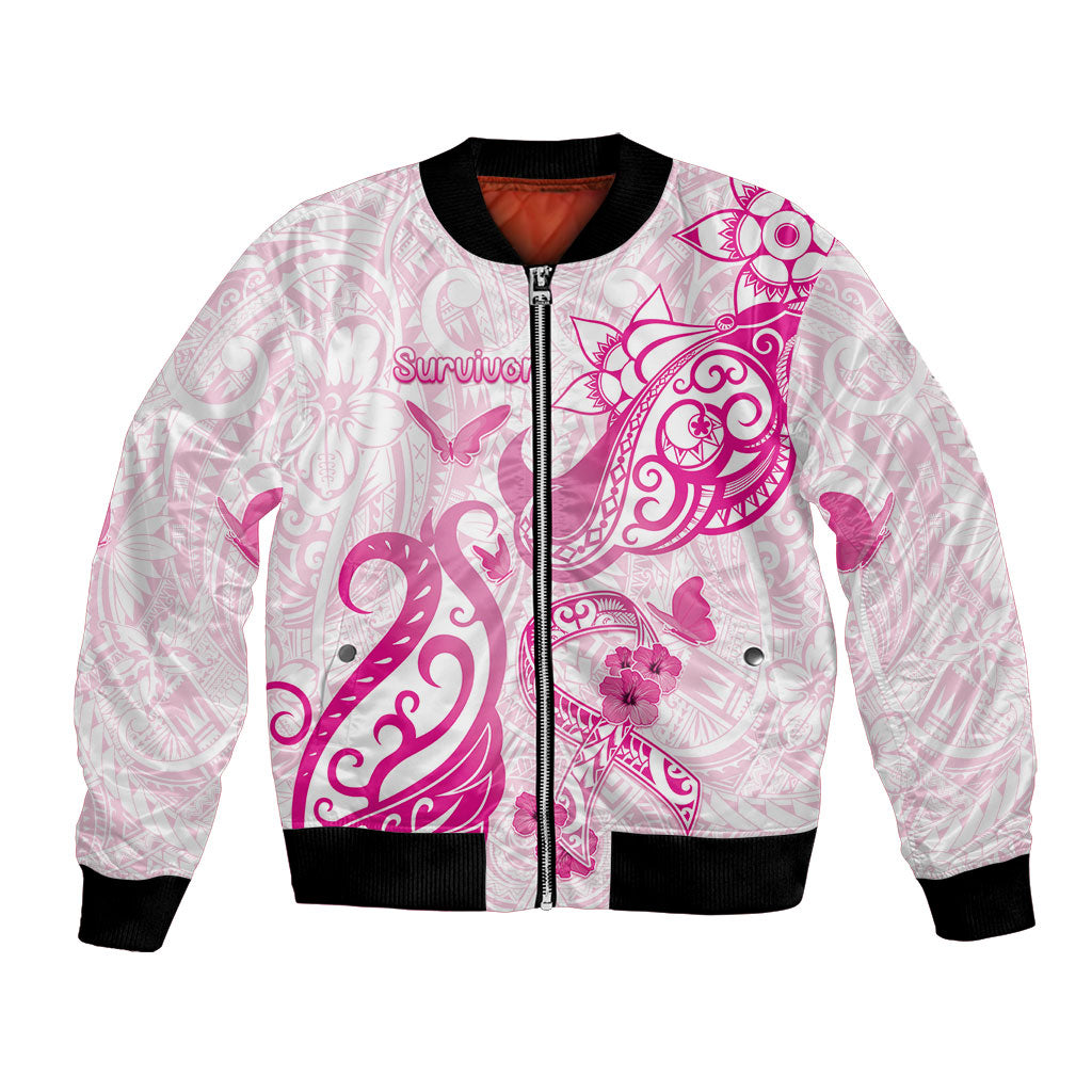 Personalised Breast Cancer Support Bomber Jacket Ribbon Polynesian Pattern White Version