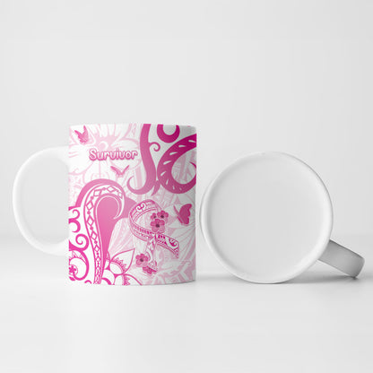 Personalised Breast Cancer Support Ceramic Mug Ribbon Polynesian Pattern White Version