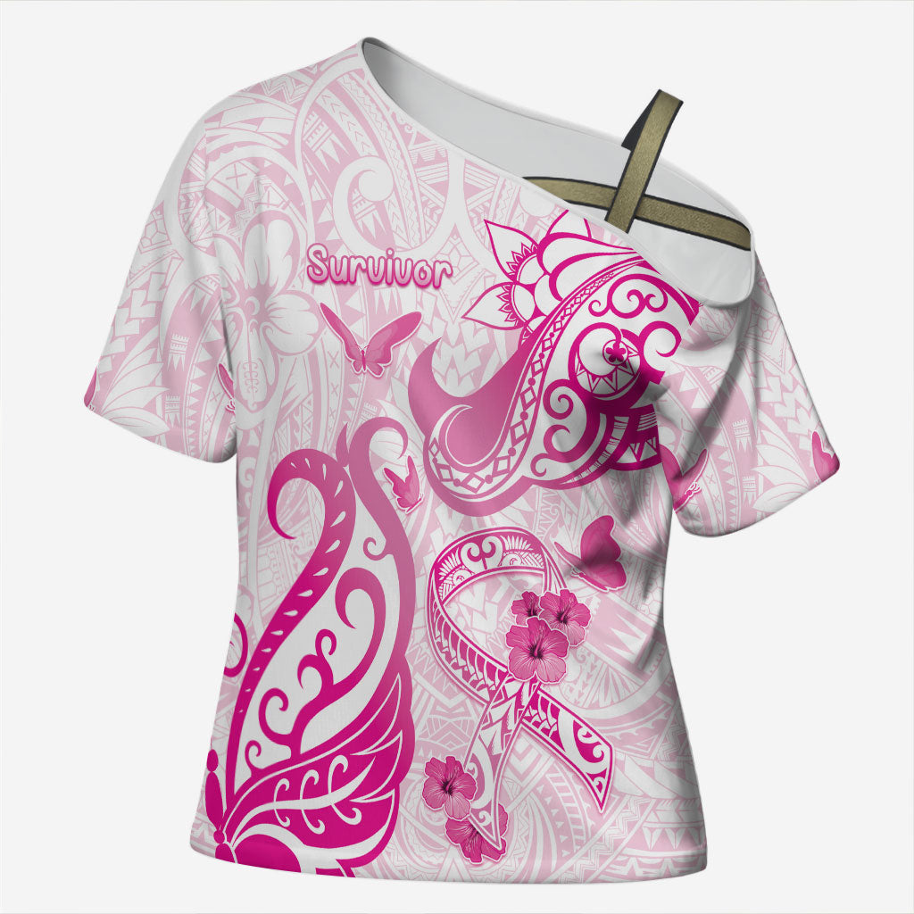 Personalised Breast Cancer Support Cross Shoulder Shirt Ribbon Polynesian Pattern White Version
